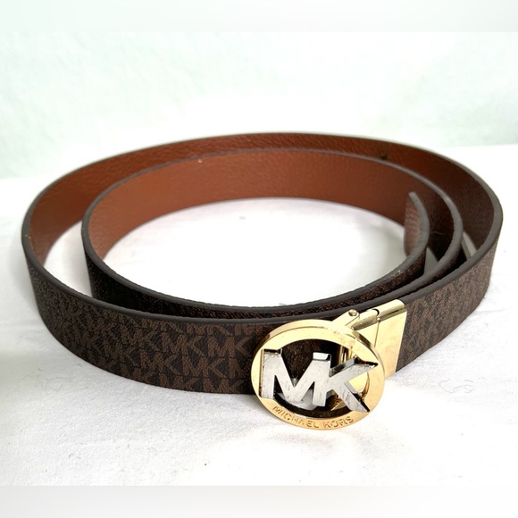 MICHAEL KORS  BROWN LEATHER REVERSIBLE BELT, TWIST GOLD COLORED BUCKLE NWT - Picture 1 of 5